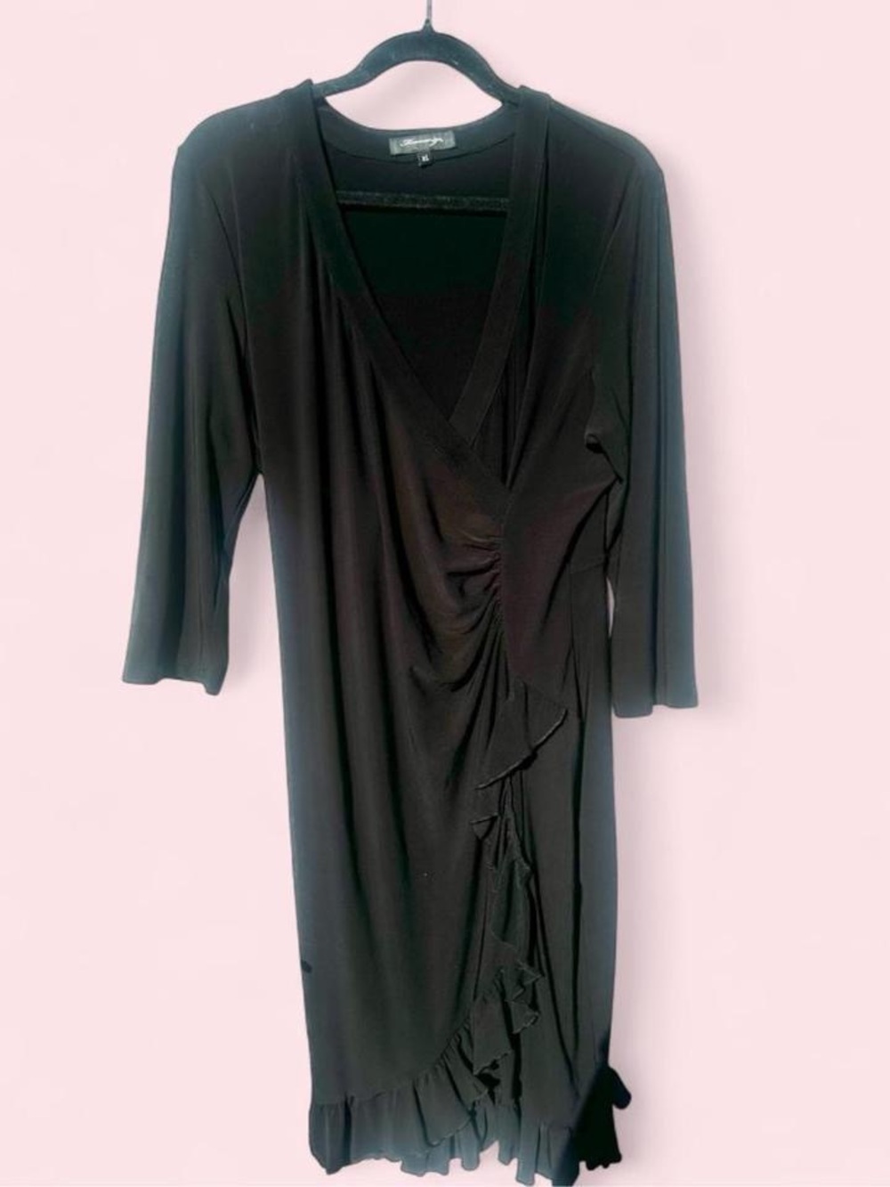 Black Long-Sleeve Wrap Dress with Ruffle Detail